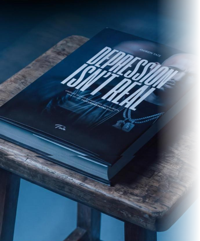 Depression Isn't Real, the book, resting on a wooden stool